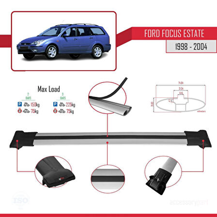 Ford Focus (C170) SW 1998-2004 Arası ile Uyumlu FLY Model Ara Atkı Tavan Barı Gri 2 Adet