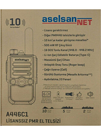 ASELSAN A446C1 Tekli 16 Kanal 10KM Lisanssız Pmr El Telsizi (TEKLİ PAKET)