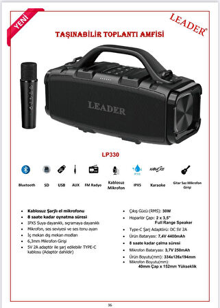 LEADER LP330 IPX5 Bluetooth SD USB AUX FM Radyo Kablosuz Mikrofon TAŞINABİLİR TOPLANTI AMFİSİ