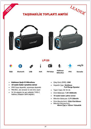 LEADER LP120 IPX5 RGB Bluetooth USB AUX FM Radyo Kablosuz Mikrofon TAŞINABİLİR TOPLANTI AMFİSİ
