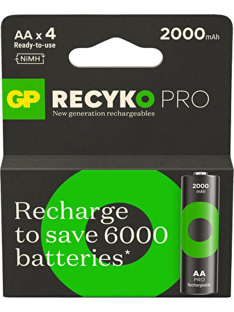GP Recyko Pro 2000 mAh 1.2V AA Boy NiMH Kalem Şarjlı Pil 4'lü Kart
