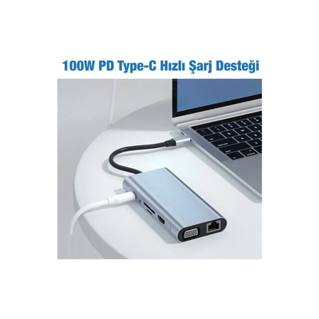 TAPLIN 11 In 1 Type-C To USB Hub Port Uyumlu Adaptör Hdmı 4x USB Lan VGA Sd Card Çevirici Çoklayıcı