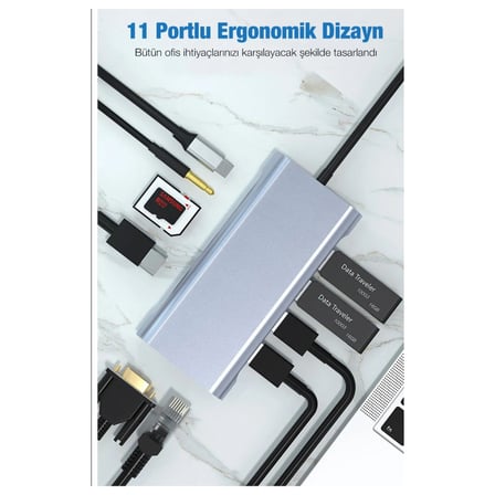 TAPLIN 11 In 1 Type-C To USB Hub Port Uyumlu Adaptör Hdmı 4x USB Lan VGA Sd Card Çevirici Çoklayıcı