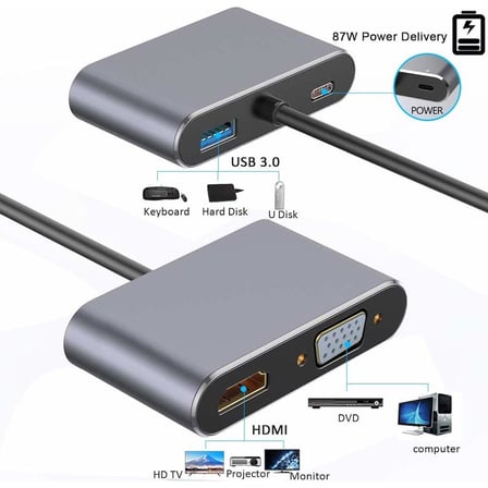 TAPLIN Type-C 4 In 1 4K HDMI VGA USB 3.0 Type-C Şarj Girişli Adaptör