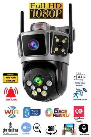 Avenir Çift Kameralı 6mp Full Hd Hareket Takipli Polis Çakarlı Alarmlı Wifi Güvenlik Kamerası