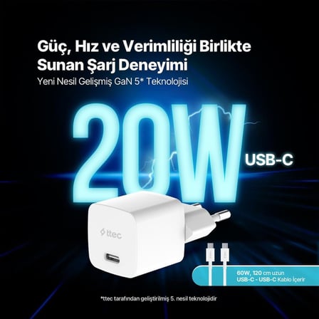 Ttec Smartcharger Gan 20W Pd Seyahat Hızlı Şarj Aleti + Usb-C - Usb-C 60W Kablo - 2SCG20CB
