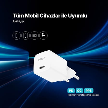 Ttec Smartcharger Gan 20W Pd Seyahat Hızlı Şarj Aleti + Usb-C - Usb-C 60W Kablo - 2SCG20CB