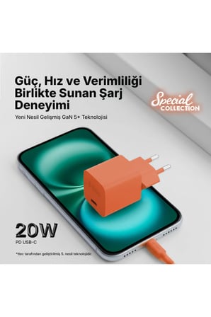Ttec SmartCharger GAN 20W PD Seyahat Hızlı Şarj Aleti + USB-C - Lightning 120cm Kablo Neon Turuncu