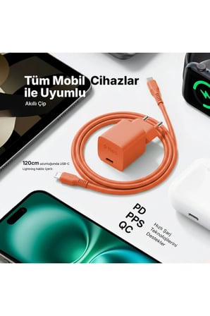 Ttec SmartCharger GAN 20W PD Seyahat Hızlı Şarj Aleti + USB-C - Lightning 120cm Kablo Neon Turuncu