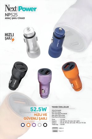 Next Power 52.5W Araç içi Hızlı Şarj Aleti Type-C + USB Güç Adaptörü Oto Çakmaklık - Turuncu