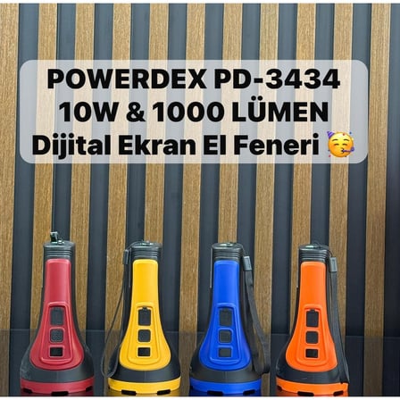 POWERDEX PD-3434 Profesyonel El Feneri | 10W – 1000 Lümen – 3200 Mah – Dijital Göstergeli – Type-C Şarjlı