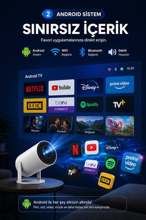Hy300 Pro Taşınabilir Android Sinema Projeksiyon Wifi Destekli En Güncel Sürüm Akıllı Projektör Beyaz Ultra HD