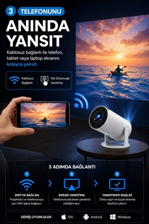 Hy300 Pro Taşınabilir Android Sinema Projeksiyon Wifi Destekli En Güncel Sürüm Akıllı Projektör Beyaz Ultra HD