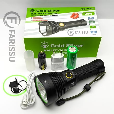 Gold Silver GS-7580 Profesyonel Şarjlı El Feneri - 20W, 1200 Lümen, 6000 Mah Batarya