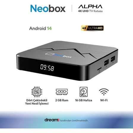 Dreamstar Neobox Alpha 4K UHD Tv Box| 2 GB Ram| 16 GB Hafıza | Android 14 | Dört Çekirdekli Işlemci|