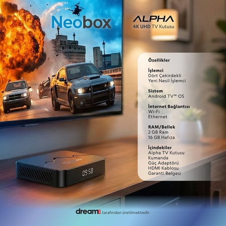 Dreamstar Neobox Alpha 4K UHD Tv Box| 2 GB Ram| 16 GB Hafıza | Android 14 | Dört Çekirdekli Işlemci|