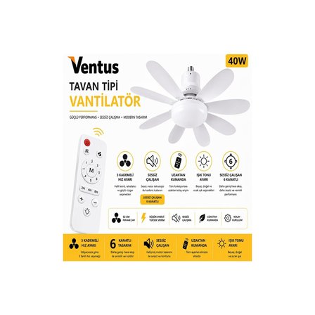 Ventus Sessiz Çalışma 6 Kanat ve Işıklı Uzaktan Kumandalı Tavan Tipi Vantilatör-Tavan Fanı 40W