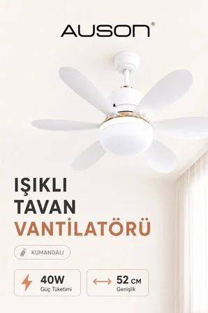 Auson Uzaktan Kumandalı Işıklı Tavan Vantilatörü E27 Duy Uyumlu 3 Işık Modu 3 Kademeli Hız Sessiz Çalışma 