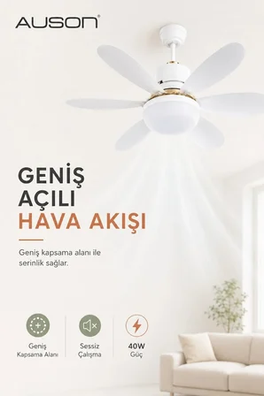 Auson Uzaktan Kumandalı Işıklı Tavan Vantilatörü E27 Duy Uyumlu 3 Işık Modu 3 Kademeli Hız Sessiz Çalışma 