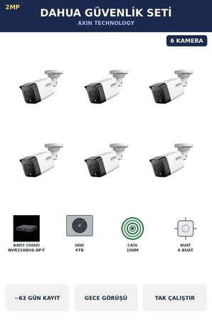 DAHUA 6 Kameralı 2MP Güvenlik Kamera Seti IP PoE Tak Çalıştır Bullet Dış Mekan 4TB ~63 Gün Kayıt