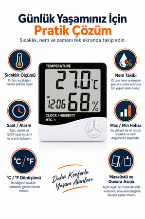 Gesi Dijital Sıcaklık Nem Ölçme Cihazı Termometre Alarmlı Masa Saati HTC-1