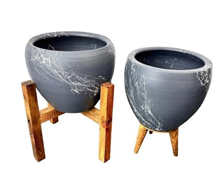 Ev Dekorasyon Gri Üzeri Beyaz Mermer Efektli Toprak Saksı Saksılık Salon Çiçeklik İkili Set 3 Ayaklı- 4 Ayaklı- 15 Cm