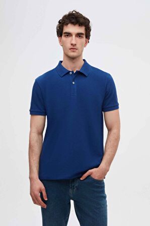 Regular Fit Saks Mavi Pike Dokulu %100 Pamuk Kıvrılmaz Polo Yaka Nakışlı T-shirt 4HC14ORT51000