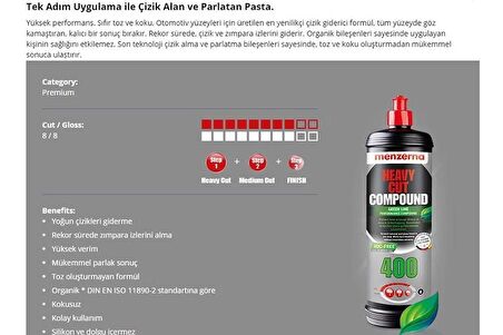 Menzerna 400 Yeşil Seri Fast Gloss Çizik Çıkarıcı Pasta 1lt