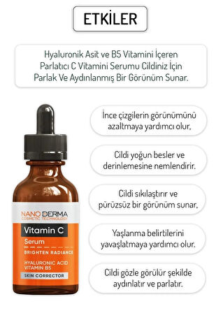 Nanoderma C Vitamin Serumu Parlatıcı Aydınlatıcı Hyaluronik Asit Vitamin B5 Serum Brighten Radiance Serum 30ML