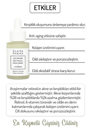 Elaine Perine %2 Retinol Serum Kırışıklık Önleyici Yaşlanma Karşıtı Aydınlatıcı Yenileyici Cilt Serumu 30ML
