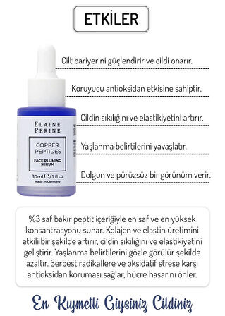 Elaine Perine Bakır Peptit Serumu %3 Copper Peptit Kırışıklık Karşıtı Dolgunlaştırıcı Bariyer Onarıcı Serum 30ML