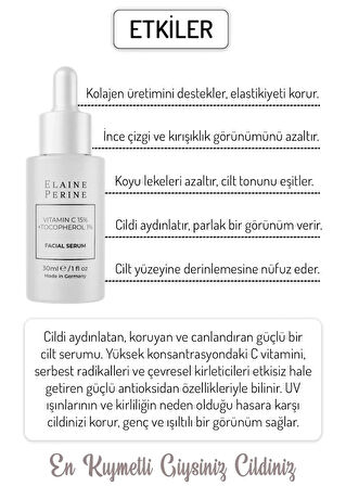 Elaine Perine %15 C Vitamini + %1 E Vitamini Serumu Cilt Tonu Eşitleyici Aydınlatıcı Kolajen Artırıcı Serum 30ML