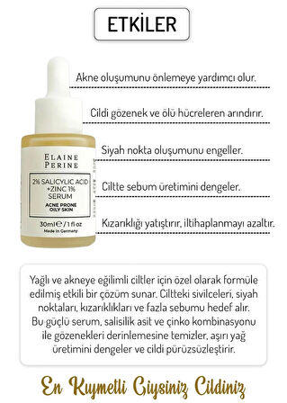 Elaine Perine Eğilimli Cilt Serumu Sebum Gözenek Siyah Nokta Karşıtı %2 Salisilik Asit + %1 Çinko Serum 30ML