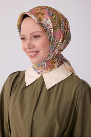 Belli Sarı Etnik Desen %100 Twill İpek Eşarp 4304 - 32