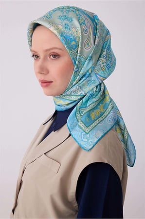 Belli Tivil Saf İpek Eşarp 4304 - 52 Turkuaz Etnik Desen