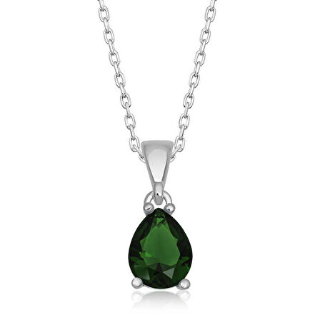 925 Ayar Gümüş Yeşil Kristal Damla Taşlı Kadın Gümüş Kolye T6907