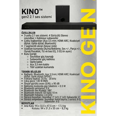 Thonet & Vander Kino Gen2 140W RMS Bluetooth HDMI 2.1 Soundbar + Kablosuz Subwoofer Uzaktan Kumandalı Ev Sinema Sistemi
