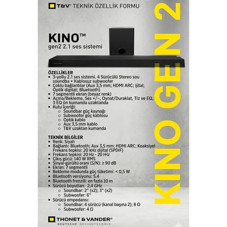 Thonet & Vander Kino Gen2 140W RMS Bluetooth HDMI 2.1 Soundbar + Kablosuz Subwoofer Uzaktan Kumandalı Ev Sinema Sistemi