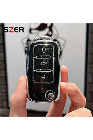 VW Caddy Parlak Sustalı Anahtar Kılıfı Kalite Siyah Gümüş