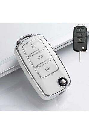 Polo Mk5 6R Parlak Sustalı Anahtar Kılıfı Kalite Beyaz Gümüş