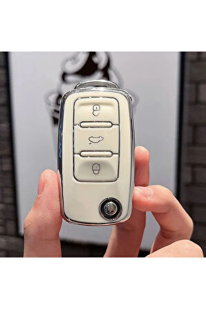 Polo Mk5 6R Parlak Sustalı Anahtar Kılıfı Kalite Beyaz Gümüş