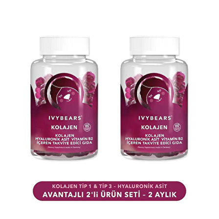 Çiğnenebilir Kolajen 2'li Set, Tip 1, Tip 3, Hyaluronik Asit, Vitamin B2, 120 Adet, 60 Günlük