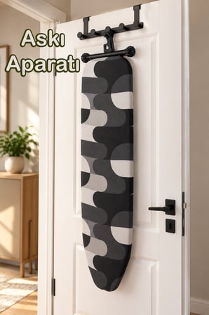 Porsima 10279 Katlanabilir Ütü Masası 33x110 Cm Siyah - Kapı Arkası Askı Aparatlı Perfore Tabla