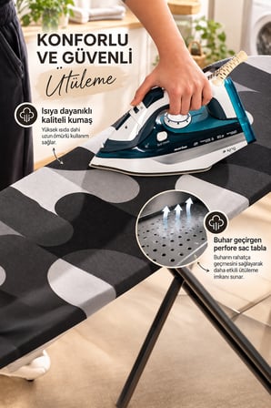 Porsima 10279 Katlanabilir Ütü Masası 33x110 Cm Siyah - Kapı Arkası Askı Aparatlı Perfore Tabla