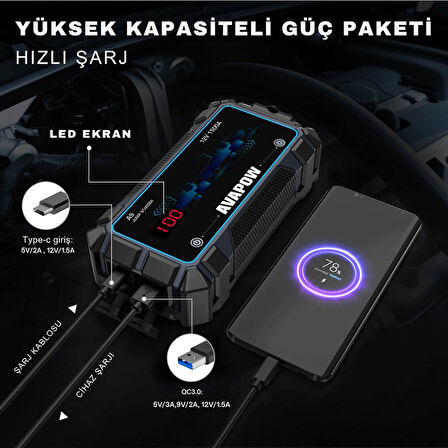 Avapow A9 29.6WH/8000MAH 1500A Jump Starter Taşınabilir Akü Takviye Kiti (Powerbank + LCD + LED Işık)