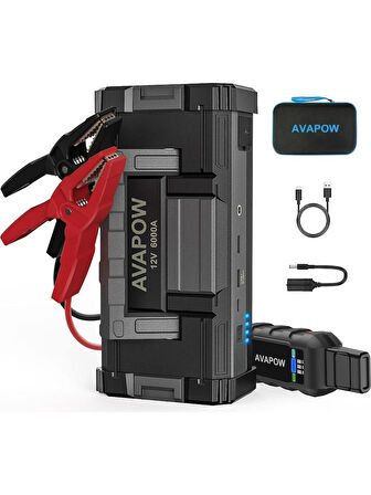 Avapow A68 32000mAh 6000A Zorla Çalıştırma İşlevli (2V'den Düşük Aküyü Çalıştıran) Jump Starter Taşınabilir Akü Takviye Kiti (Powerbank-Çift USB Portu + LED Işık)