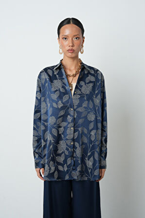 Kadın Laci Renk Çiçek Ve Yaprak Desenli Oversize Gömlek