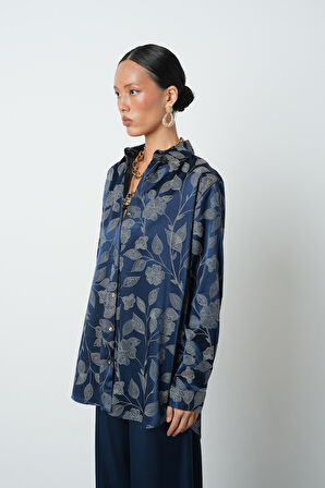 Kadın Laci Renk Çiçek Ve Yaprak Desenli Oversize Gömlek