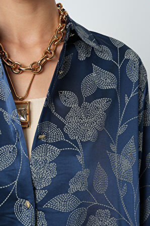 Kadın Laci Renk Çiçek Ve Yaprak Desenli Oversize Gömlek