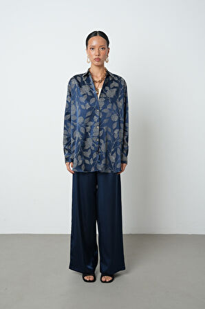 Kadın Laci Renk Çiçek Ve Yaprak Desenli Oversize Gömlek